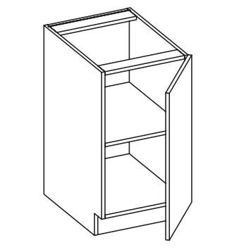 Line drawing of a cabinet with an open door and two shelves.